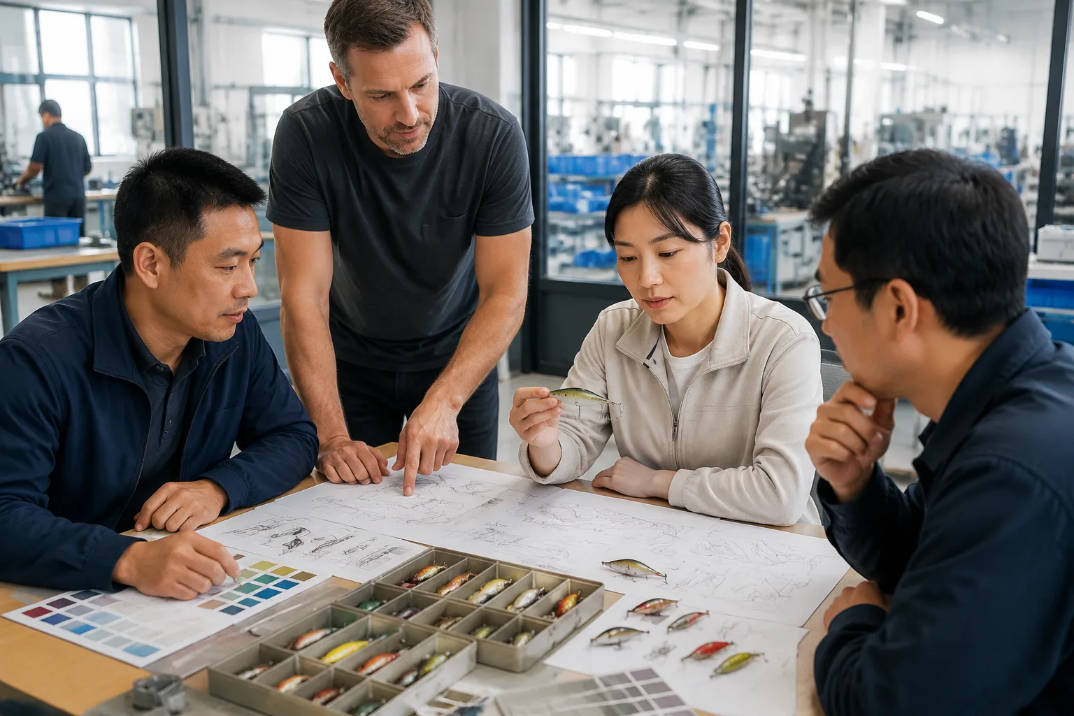 Product and production specialists reviewing correctly scaled lure samples