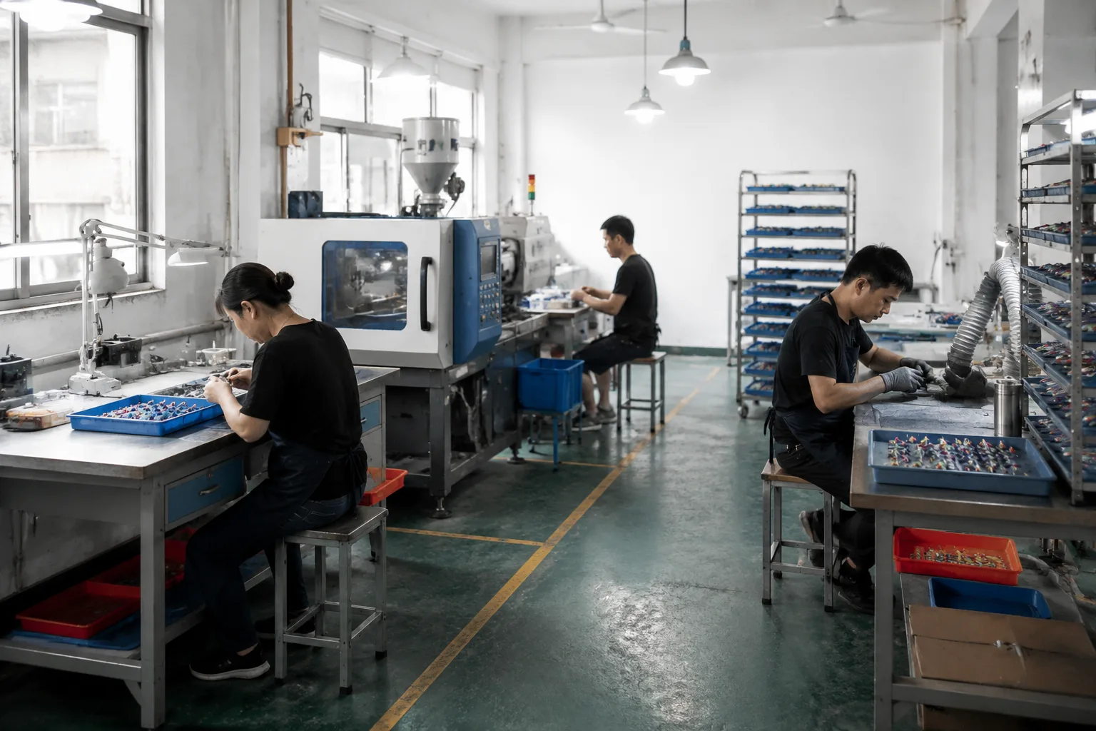 Organized fishing lure production floor with correctly scaled products and workers