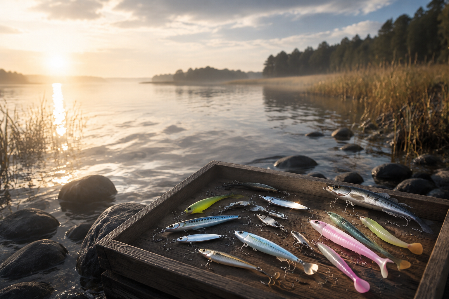 Fishing lures beside a quiet river at dawn