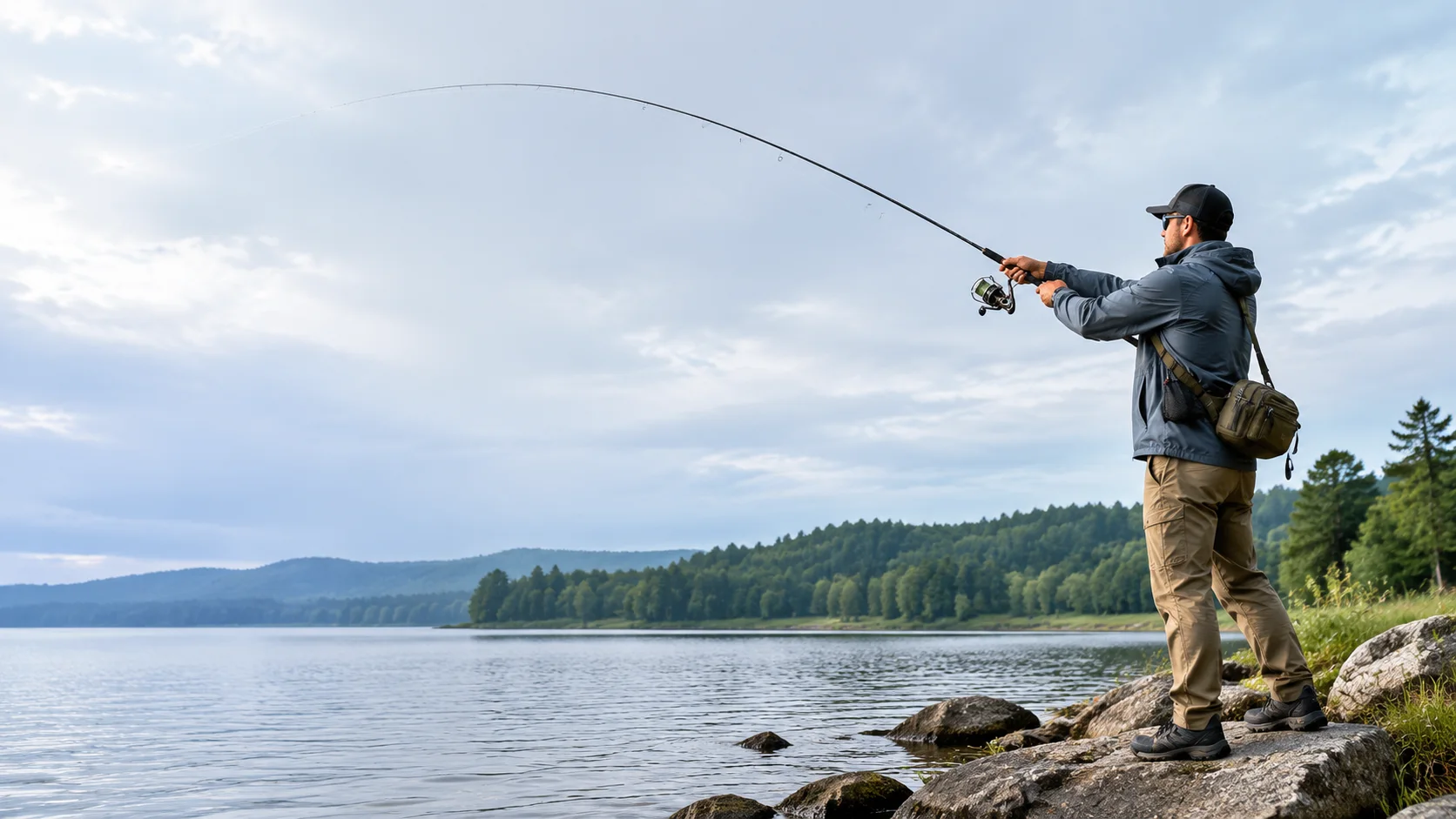 Angler casting from a rocky lakeshore