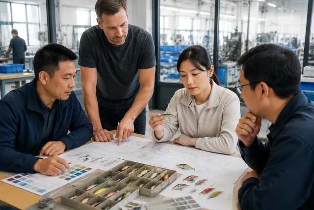 Product and production specialists reviewing correctly scaled lure samples