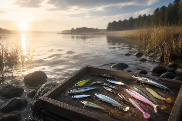 Fishing lures beside a quiet river at dawn